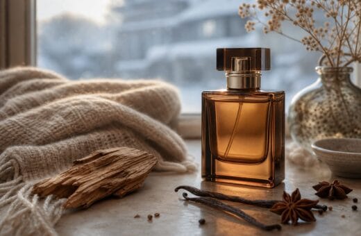Perfume ambar junto a una bufanda, madera y especias en ambiente de invierno