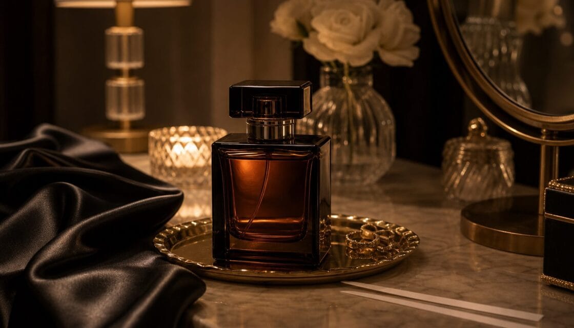 Perfume ambar sin marca sobre satin oscuro con luz calida de noche