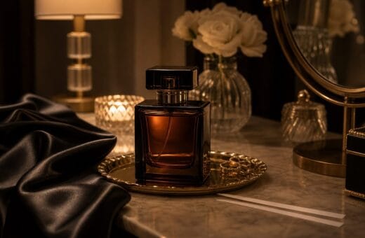 Perfume ambar sin marca sobre satin oscuro con luz calida de noche