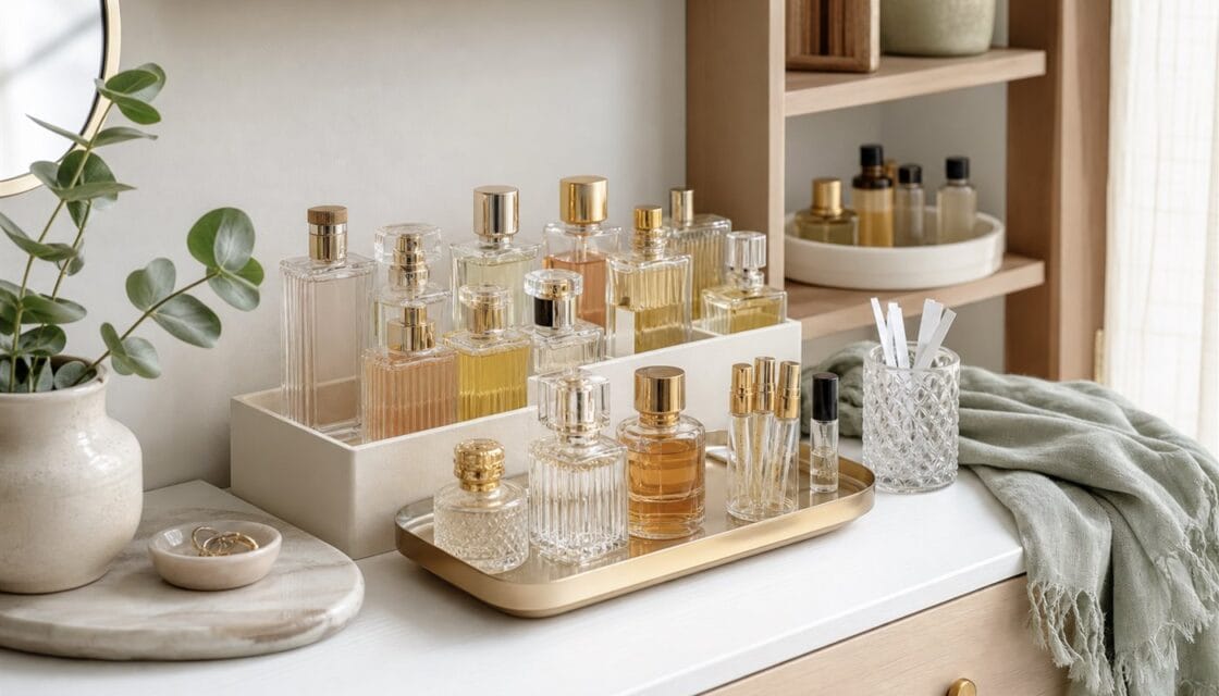 Perfumes organizados en una repisa con bandeja, muestras y separadores