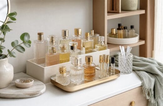 Perfumes organizados en una repisa con bandeja, muestras y separadores
