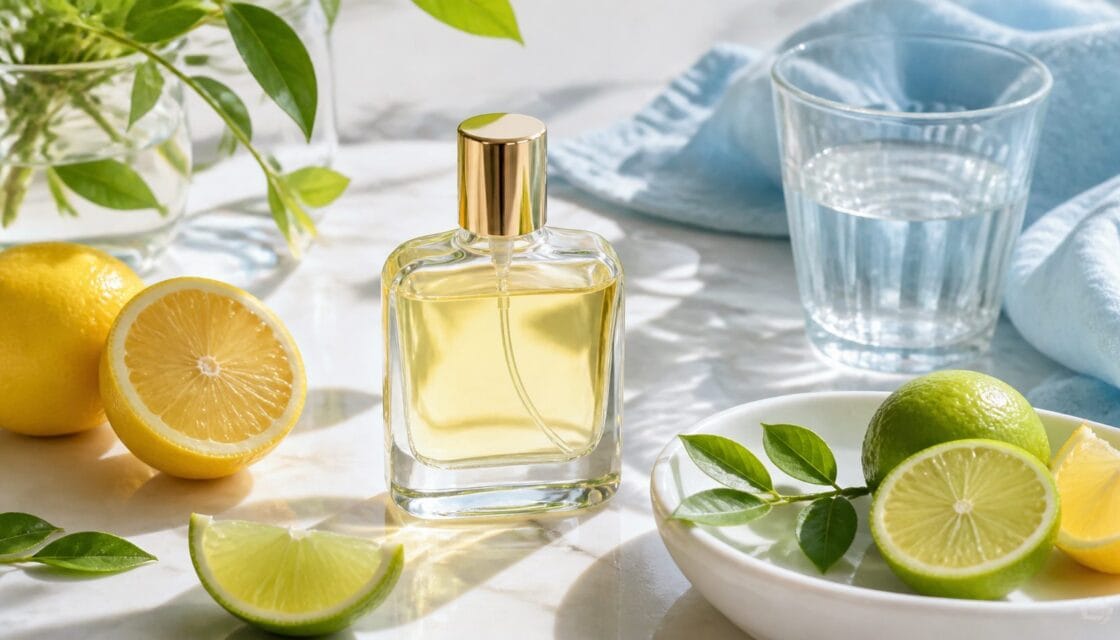 Perfume fresco con cítricos y hojas verdes en ambiente luminoso de clima cálido