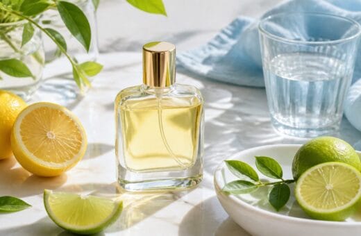 Perfume fresco con cítricos y hojas verdes en ambiente luminoso de clima cálido