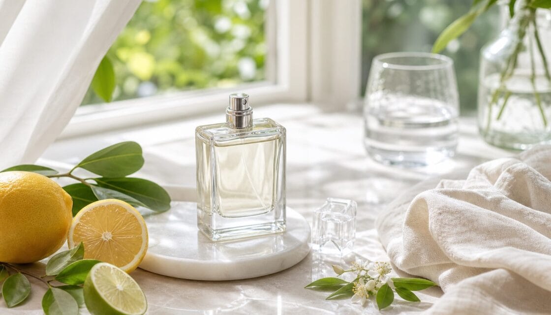 Perfume claro con cítricos y lino para representar fragancias de verano