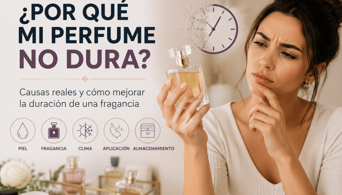 Persona aplicando perfume en la piel mientras analiza la duración de una fragancia