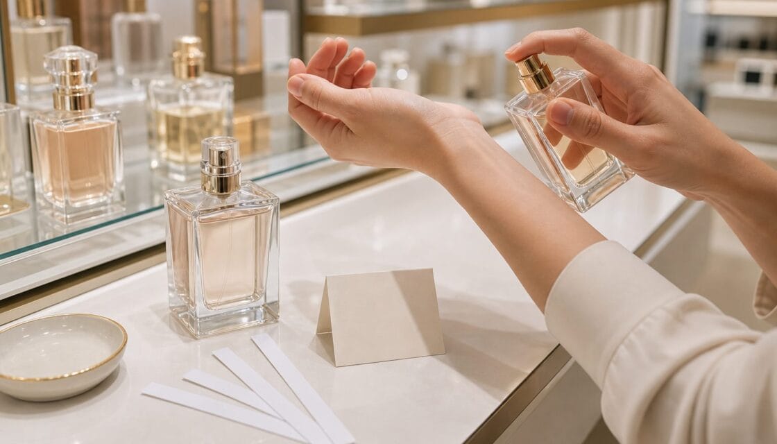 Perfume sin marca en mostrador de tienda con tiras olfativas y muñeca cercana