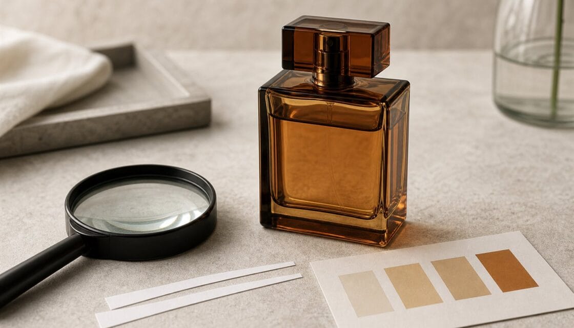 Frasco de perfume ambar revisado con una lupa y una tarjeta de comparacion de color