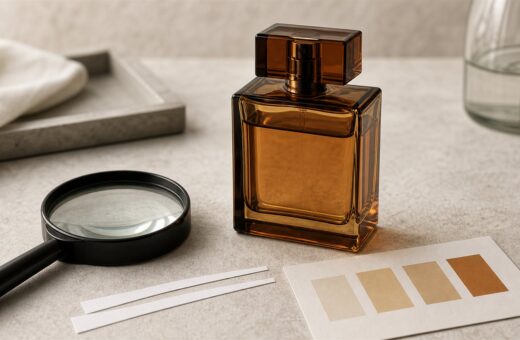 Frasco de perfume ambar revisado con una lupa y una tarjeta de comparacion de color