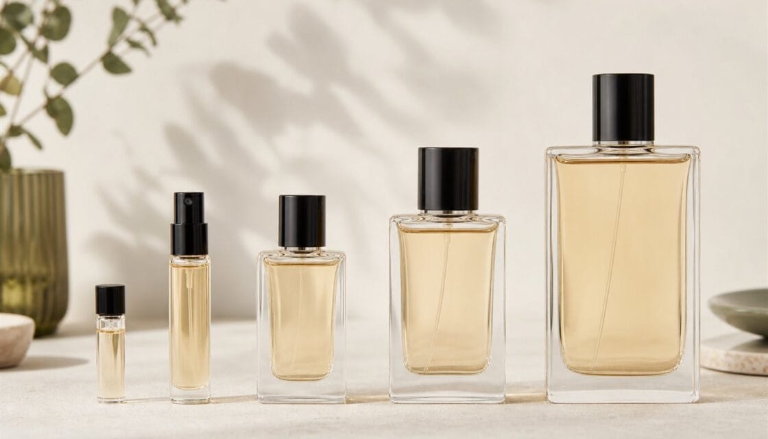 Frascos de perfume de distintos tamanos junto a una muestra y un atomizador