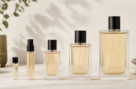 Frascos de perfume de distintos tamanos junto a una muestra y un atomizador